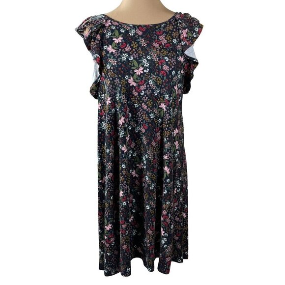 Loft Swing Dress Knit Floral Ruffle Cap Sleeve Comfort Casual M Medium Black - Picture 1 of 7